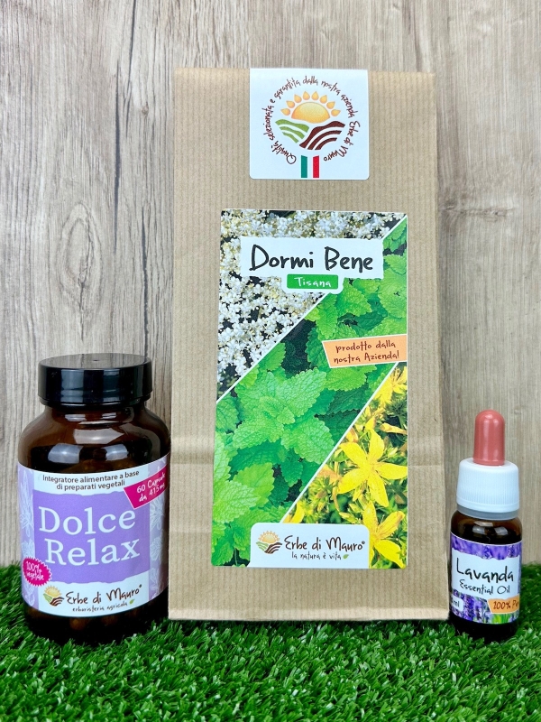 Pacchetto Sonno e Relax, integratore dolce relax, tisana dormi bene, olio essenziale lavanda