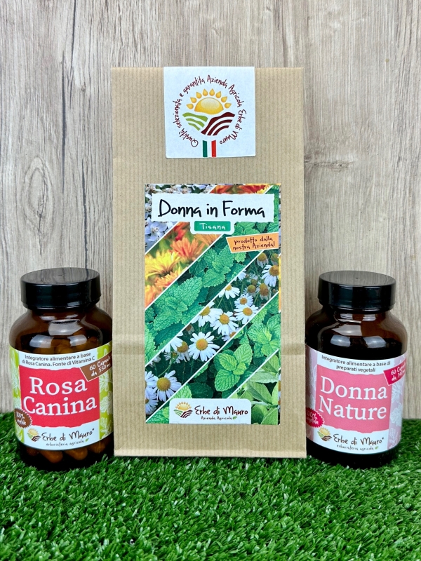 Pacchetto Donna in Forma, con integratore Donna Nature, Rosa Canina vitamina c e tisana Donna in Forma