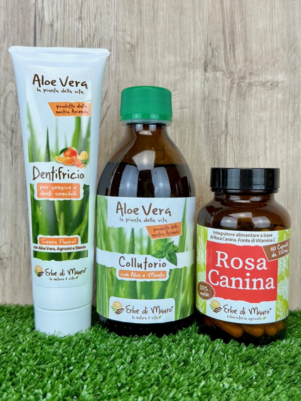 Pacchetto Gengive felici, dentifricio senza fluoro, collutorio all'aloe vera, integratore vitamina c rosa canina